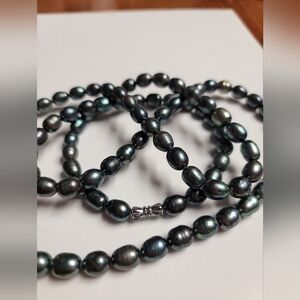 Baroque Peacock Black Freshwater Pearl Necklace 19.5" drop Silver screw clasp